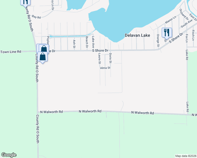 map of restaurants, bars, coffee shops, grocery stores, and more near N2409 Laura Street in Delavan