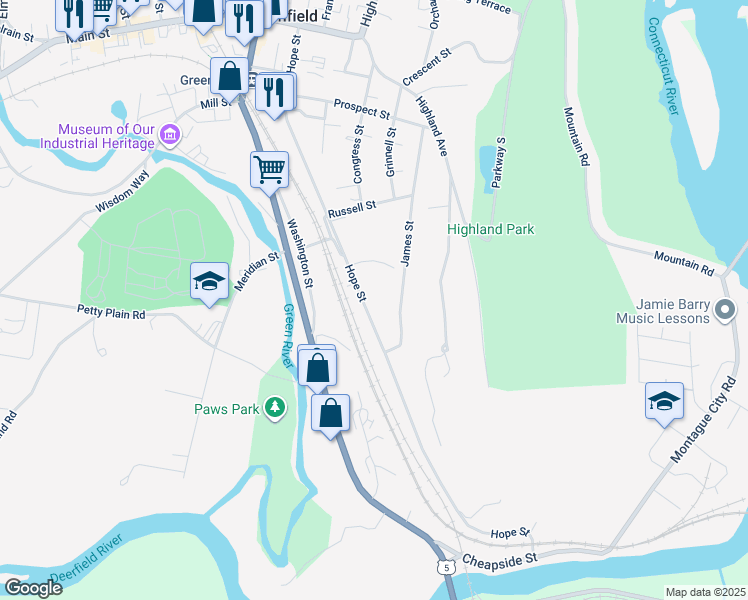 map of restaurants, bars, coffee shops, grocery stores, and more near 195 Hope Street in Greenfield