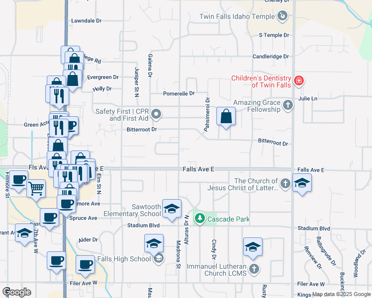 map of restaurants, bars, coffee shops, grocery stores, and more near 978 Madrona Street North in Twin Falls