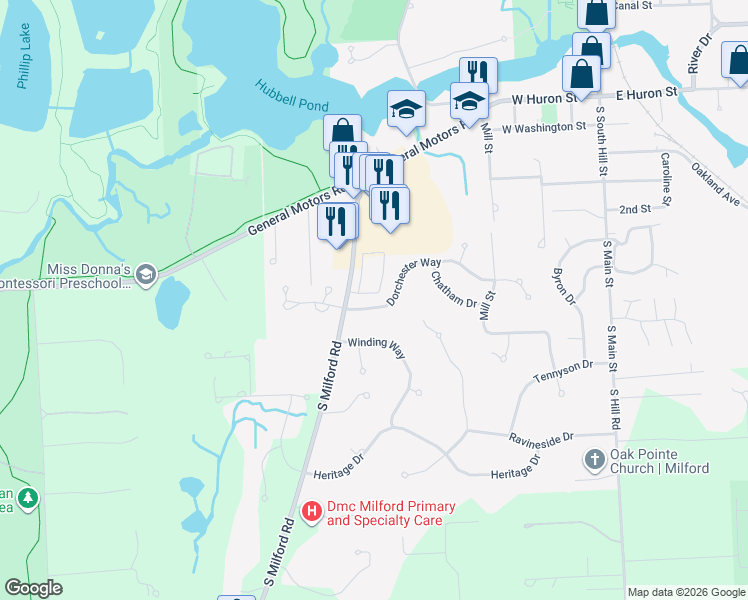 map of restaurants, bars, coffee shops, grocery stores, and more near 602 Dorchester Way in Milford Charter Township