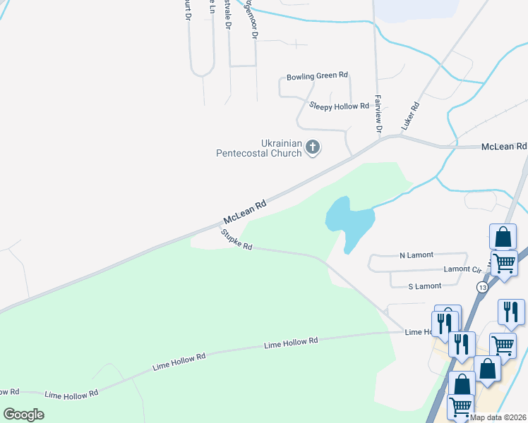 map of restaurants, bars, coffee shops, grocery stores, and more near 674 McLean Rd in Cortland
