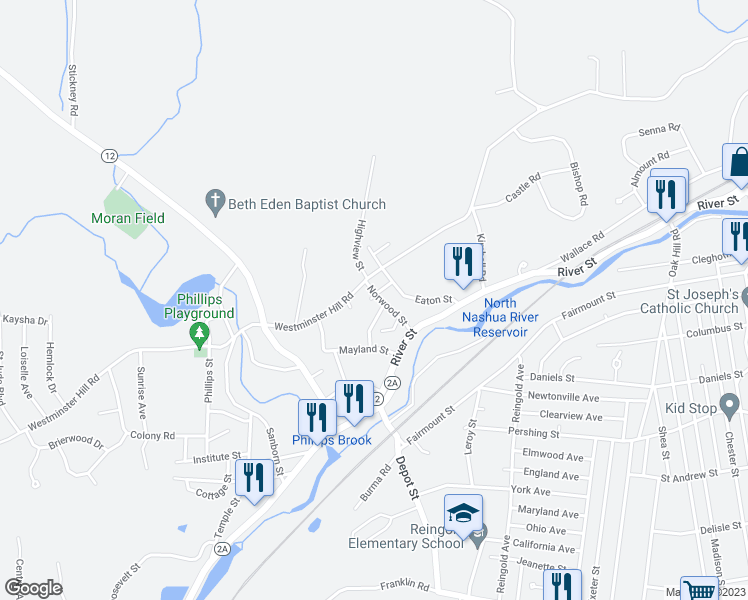 map of restaurants, bars, coffee shops, grocery stores, and more near 54 Norwood Street in Fitchburg
