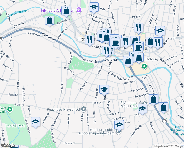 map of restaurants, bars, coffee shops, grocery stores, and more near 17 Forest Street in Fitchburg