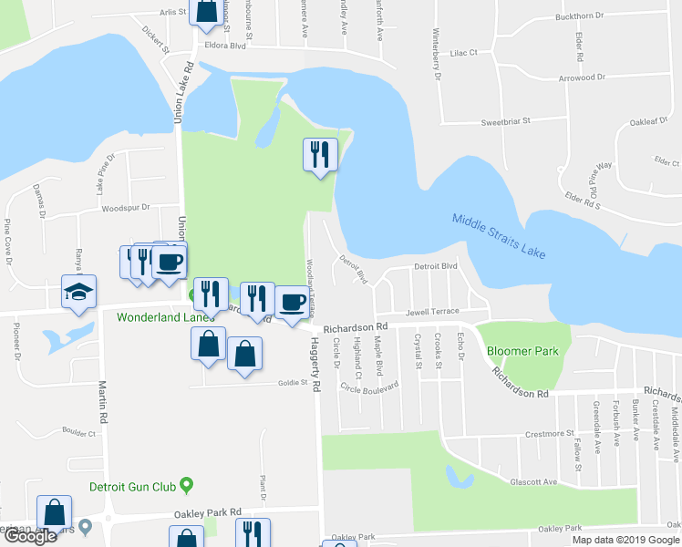 map of restaurants, bars, coffee shops, grocery stores, and more near 3915 Hazel Terrace in West Bloomfield Township