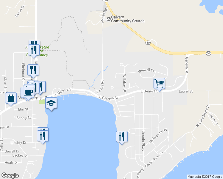 map of restaurants, bars, coffee shops, grocery stores, and more near 25 Driftwood Court in Williams Bay