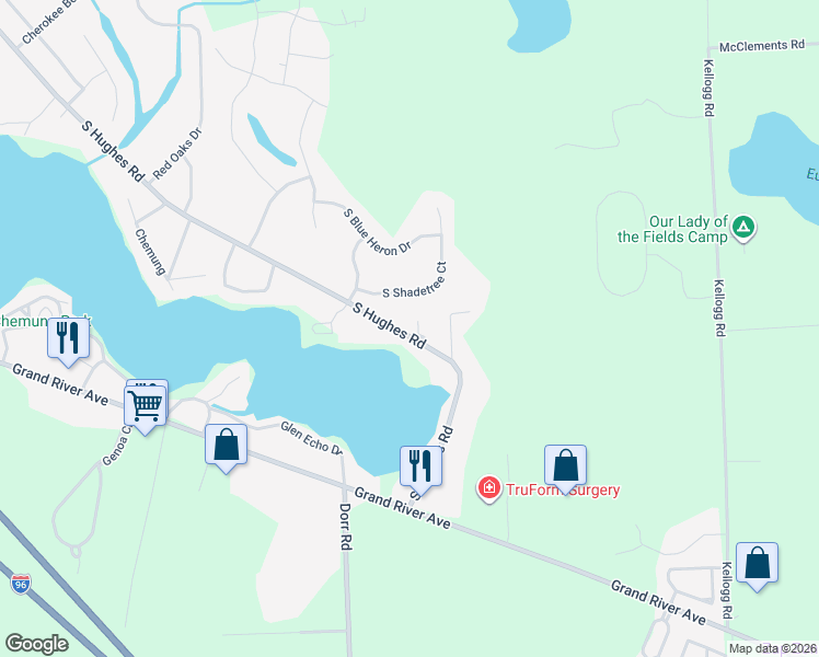 map of restaurants, bars, coffee shops, grocery stores, and more near 1605 South Hughes Road in Brighton