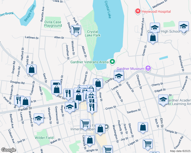 map of restaurants, bars, coffee shops, grocery stores, and more near 86 Lake Street in Gardner