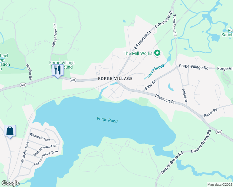 map of restaurants, bars, coffee shops, grocery stores, and more near 13 Bradford Street in Westford