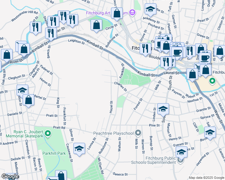map of restaurants, bars, coffee shops, grocery stores, and more near 54 Hazel Street in Fitchburg
