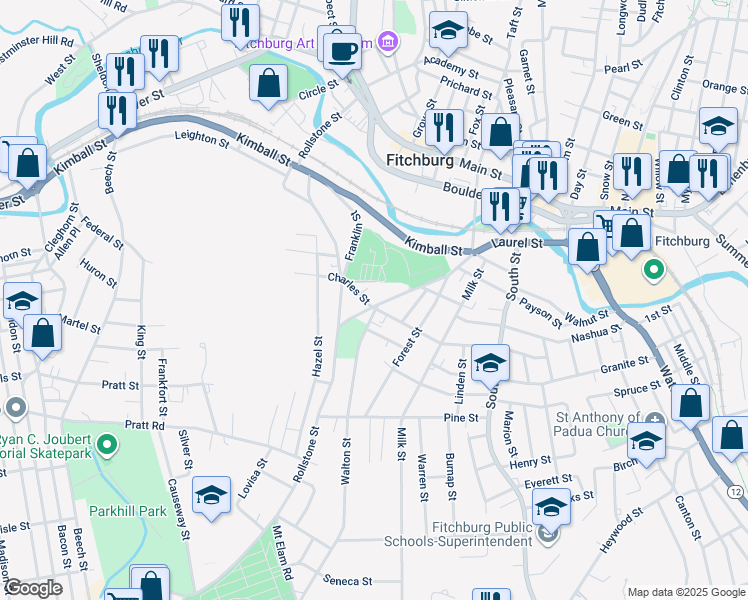 map of restaurants, bars, coffee shops, grocery stores, and more near 260 Rollstone Street in Fitchburg