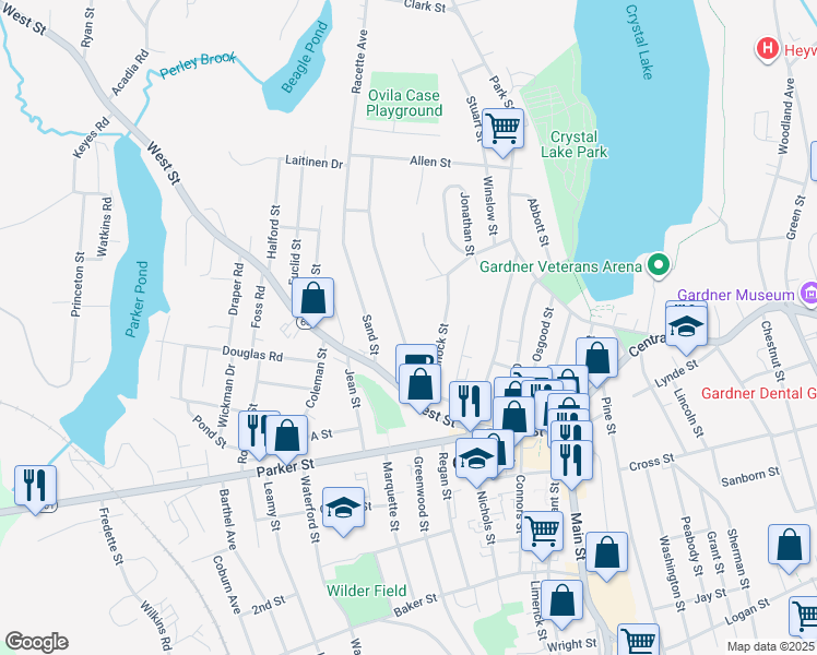 map of restaurants, bars, coffee shops, grocery stores, and more near 104 Ash Street in Gardner