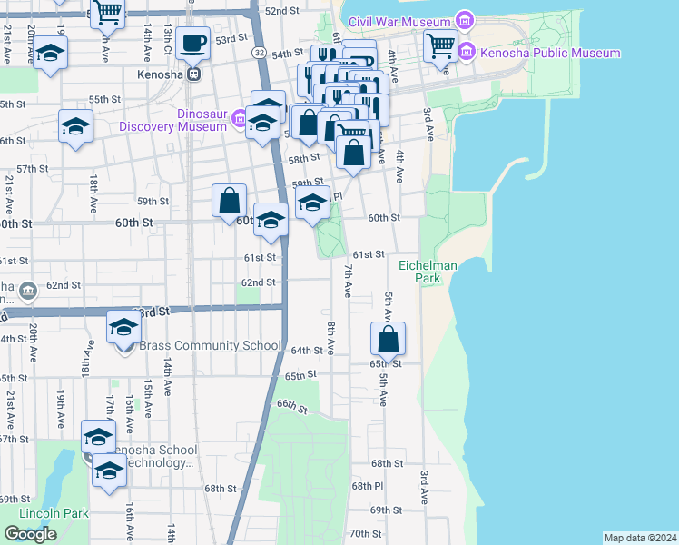 map of restaurants, bars, coffee shops, grocery stores, and more near 6117 8th Avenue in Kenosha