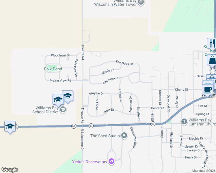 map of restaurants, bars, coffee shops, grocery stores, and more near 411 Pine Grove Cir in Williams Bay