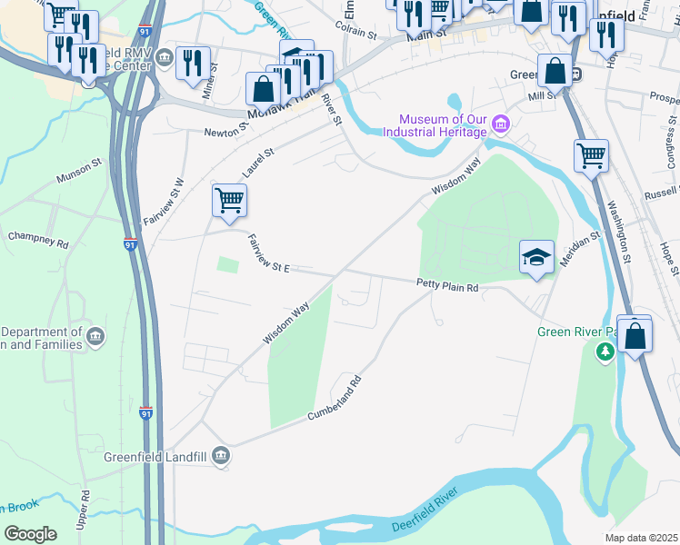 map of restaurants, bars, coffee shops, grocery stores, and more near 89 Wisdom Way in Greenfield
