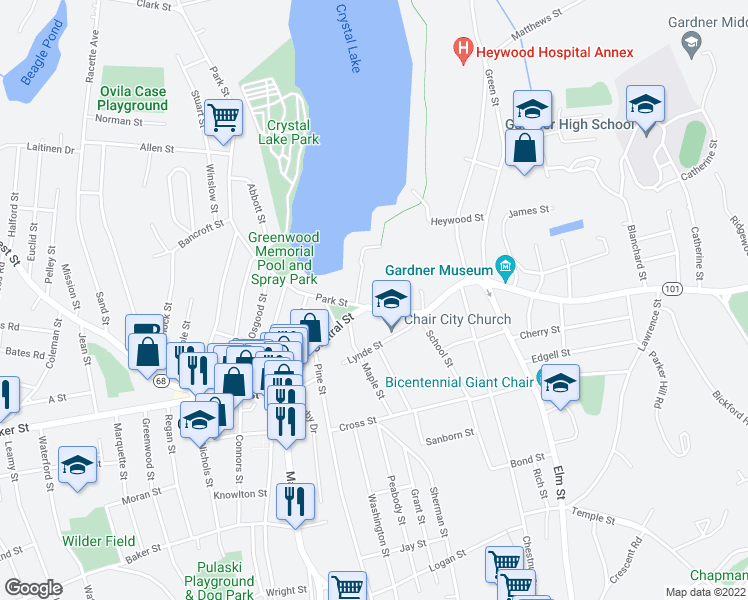 map of restaurants, bars, coffee shops, grocery stores, and more near 117 Central Street in Gardner
