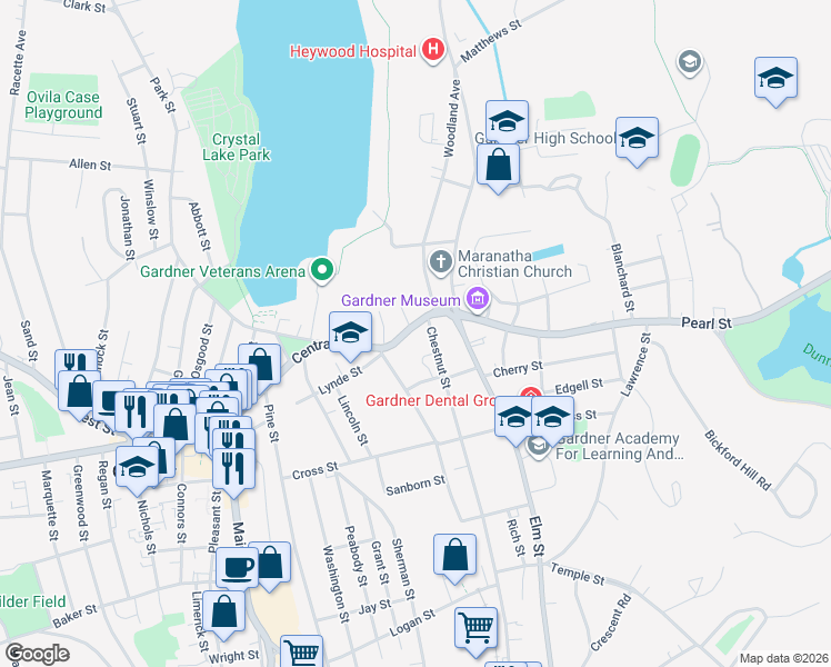 map of restaurants, bars, coffee shops, grocery stores, and more near 58 Massachusetts 101 in Gardner