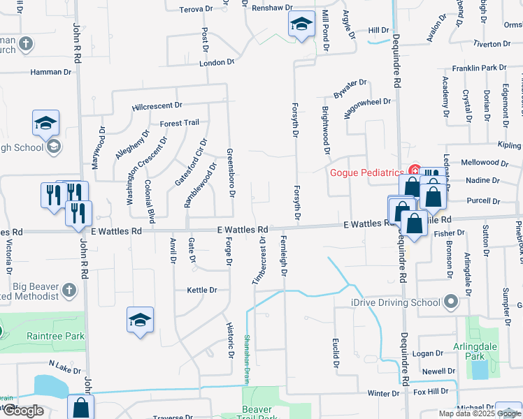 map of restaurants, bars, coffee shops, grocery stores, and more near 4053 Rockingham Drive in Troy