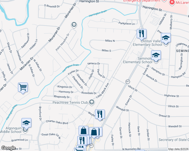 map of restaurants, bars, coffee shops, grocery stores, and more near 20687 Foster Drive in Clinton Township