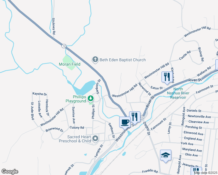 map of restaurants, bars, coffee shops, grocery stores, and more near 240 Ashburnham Street in Fitchburg