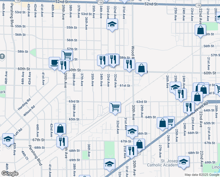 map of restaurants, bars, coffee shops, grocery stores, and more near 6111 33rd Avenue in Kenosha