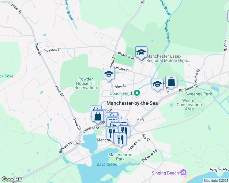 map of restaurants, bars, coffee shops, grocery stores, and more near 55 School Street in Manchester-by-the-Sea