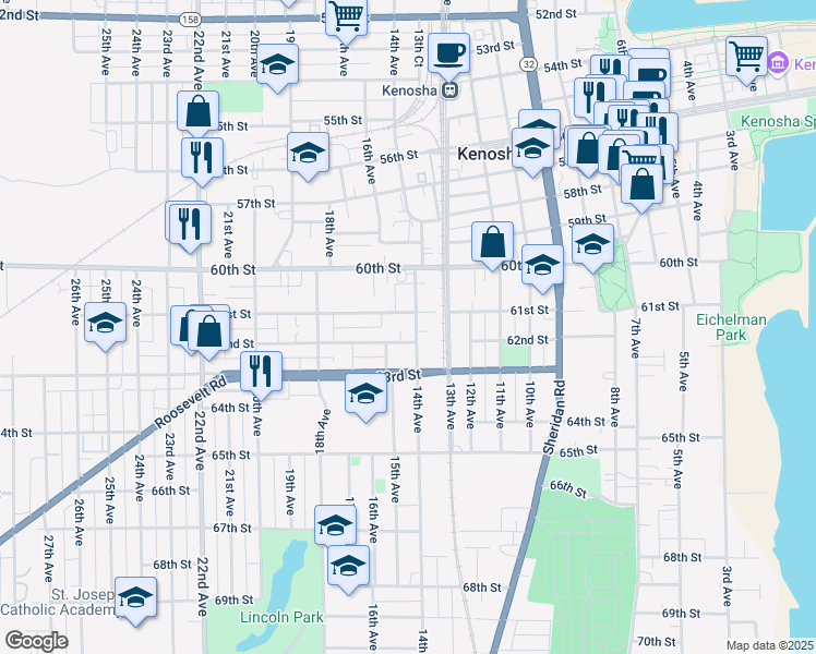 map of restaurants, bars, coffee shops, grocery stores, and more near 6112 14th Avenue in Kenosha