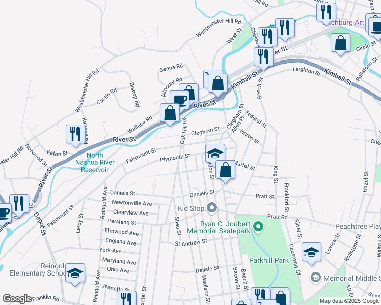 map of restaurants, bars, coffee shops, grocery stores, and more near 104 Plymouth Street in Fitchburg