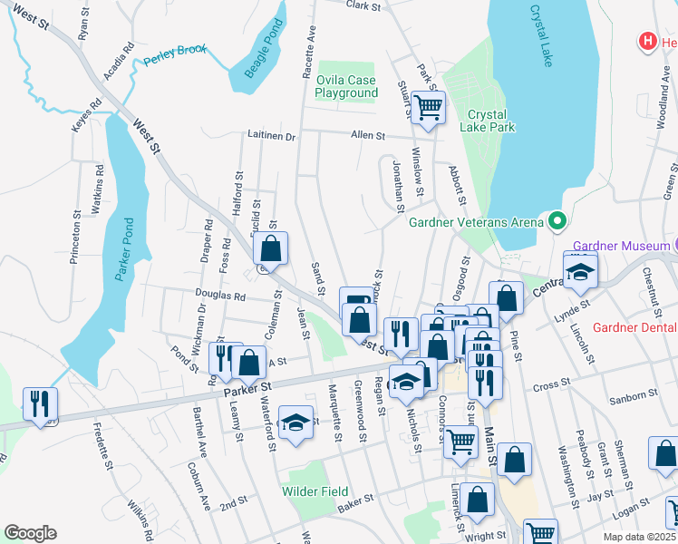 map of restaurants, bars, coffee shops, grocery stores, and more near 104 Ash Street in Gardner