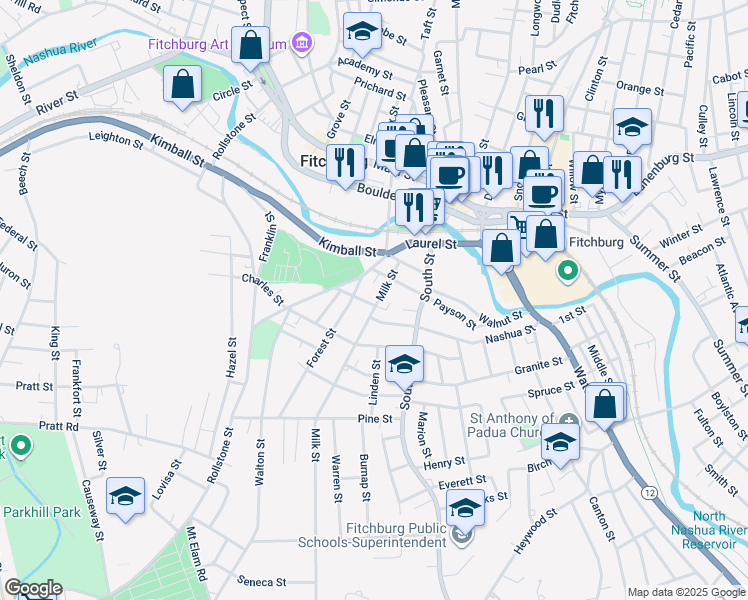 map of restaurants, bars, coffee shops, grocery stores, and more near 51 Milk Street in Fitchburg