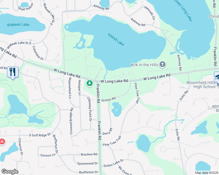 map of restaurants, bars, coffee shops, grocery stores, and more near 1571 West Long Lake Road in Bloomfield Township