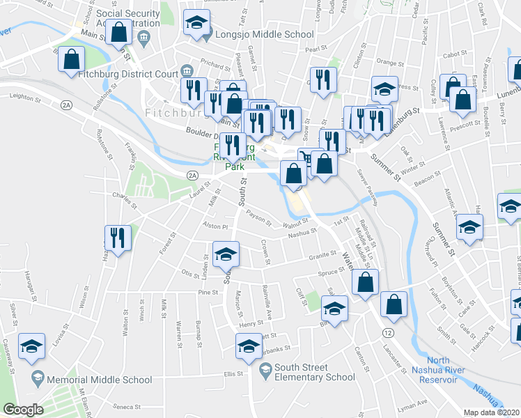 map of restaurants, bars, coffee shops, grocery stores, and more near 78 Walnut Street in Fitchburg
