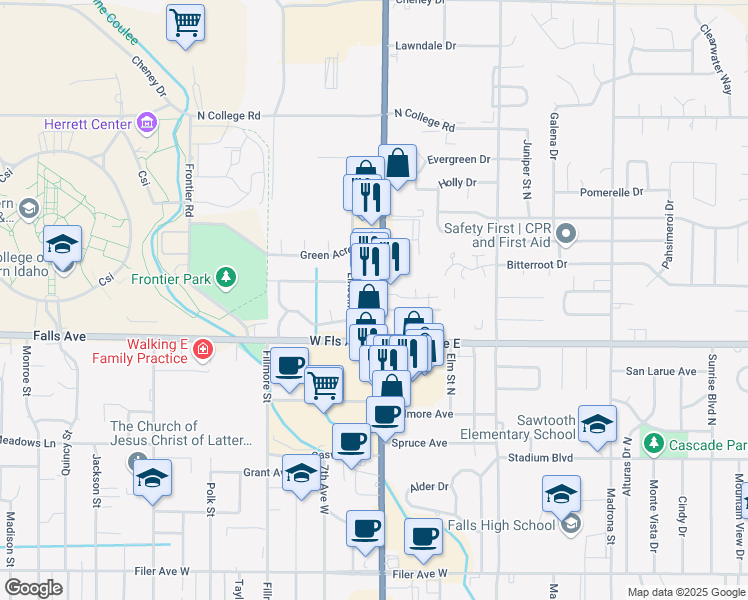 map of restaurants, bars, coffee shops, grocery stores, and more near 953 North 3000 East Road in Twin Falls