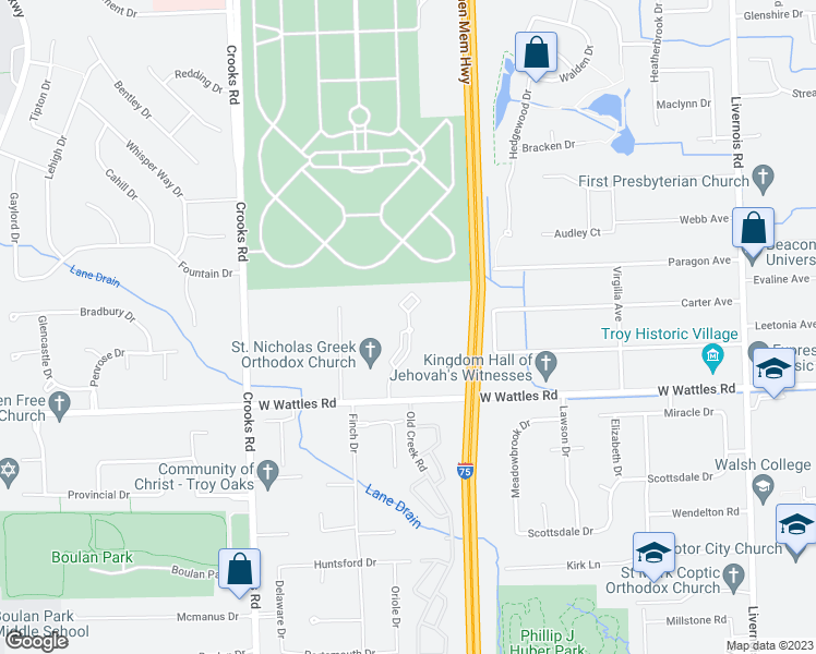 map of restaurants, bars, coffee shops, grocery stores, and more near 4242 Three Oaks Drive in Troy