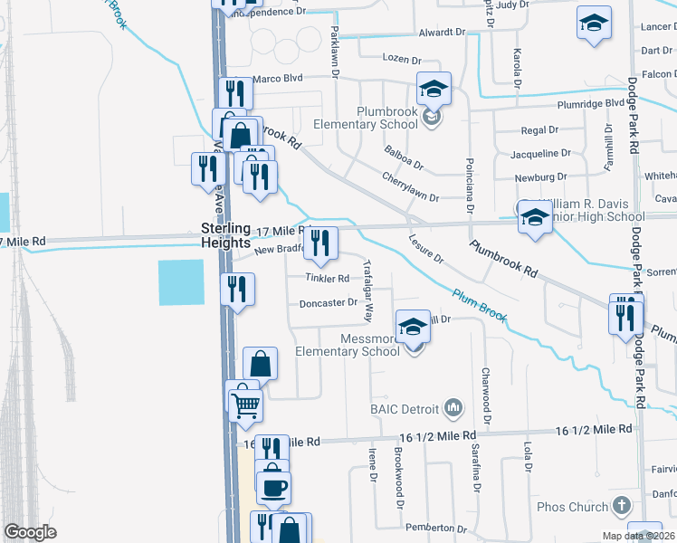 map of restaurants, bars, coffee shops, grocery stores, and more near 8429 Tinkler Road in Sterling Heights