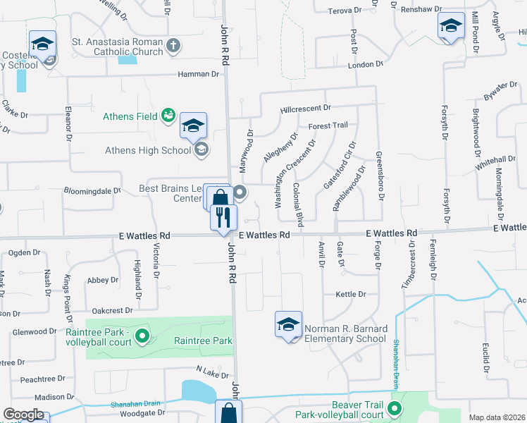 map of restaurants, bars, coffee shops, grocery stores, and more near 2046 Applewood Drive in Troy