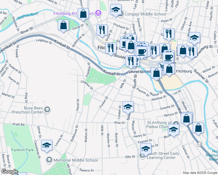 map of restaurants, bars, coffee shops, grocery stores, and more near 17 Forest Street in Fitchburg