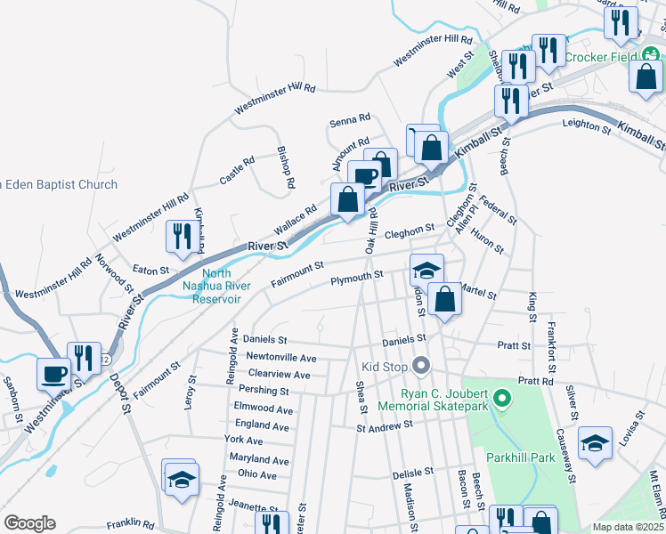 map of restaurants, bars, coffee shops, grocery stores, and more near 294 Fairmount Street in Fitchburg