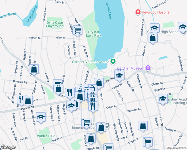 map of restaurants, bars, coffee shops, grocery stores, and more near 86 Lake Street in Gardner