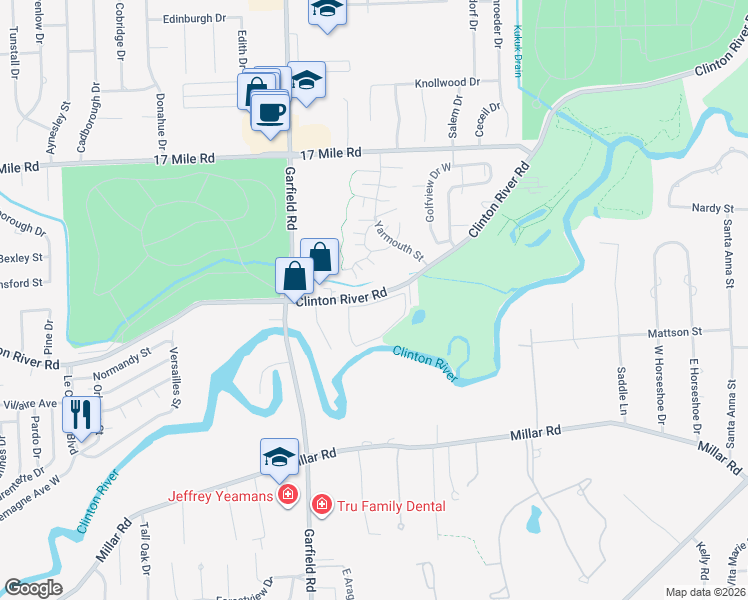 map of restaurants, bars, coffee shops, grocery stores, and more near 17124 Clinton River Road in Clinton Township