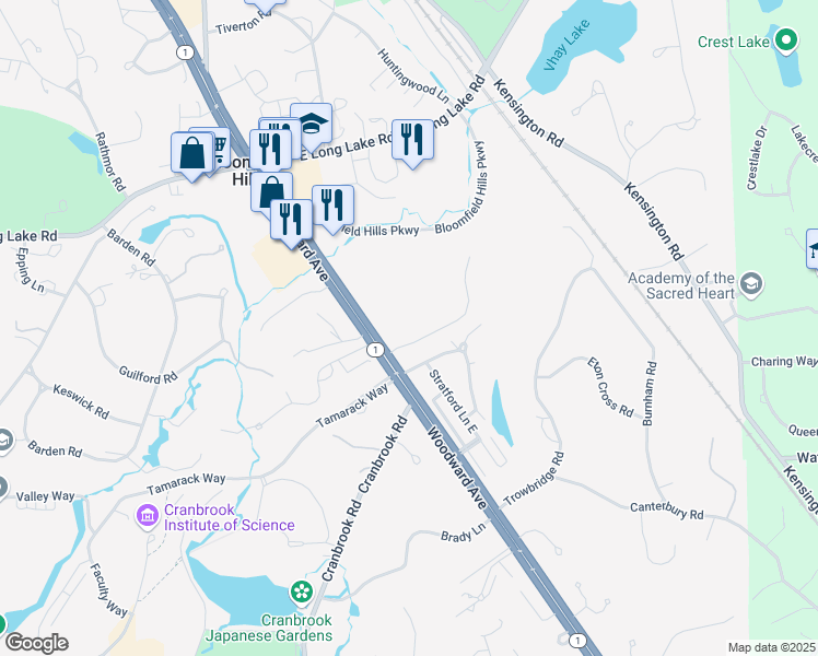 map of restaurants, bars, coffee shops, grocery stores, and more near 2-98 Hidden Ridge in Bloomfield Hills
