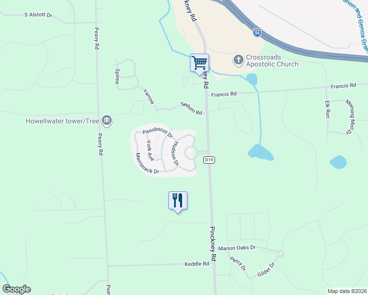 map of restaurants, bars, coffee shops, grocery stores, and more near 100 Champlain Boulevard in Howell