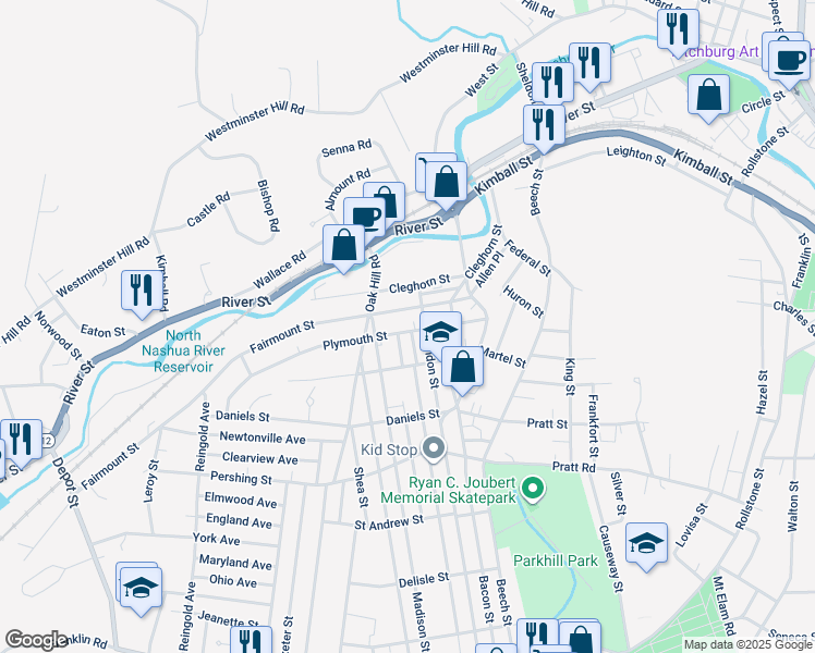 map of restaurants, bars, coffee shops, grocery stores, and more near 86 Plymouth Street in Fitchburg