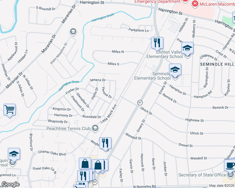 map of restaurants, bars, coffee shops, grocery stores, and more near 38055 Little Mack Avenue in Macomb County