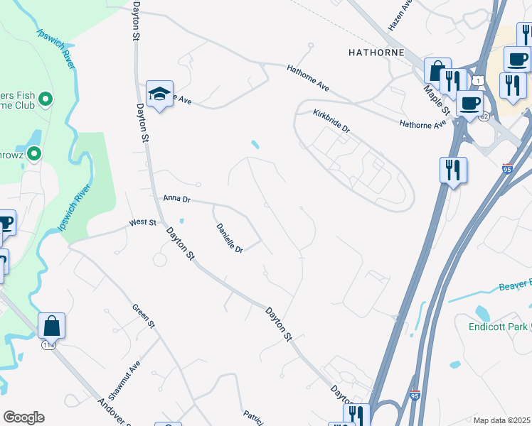 map of restaurants, bars, coffee shops, grocery stores, and more near 18 Anna Drive in Danvers