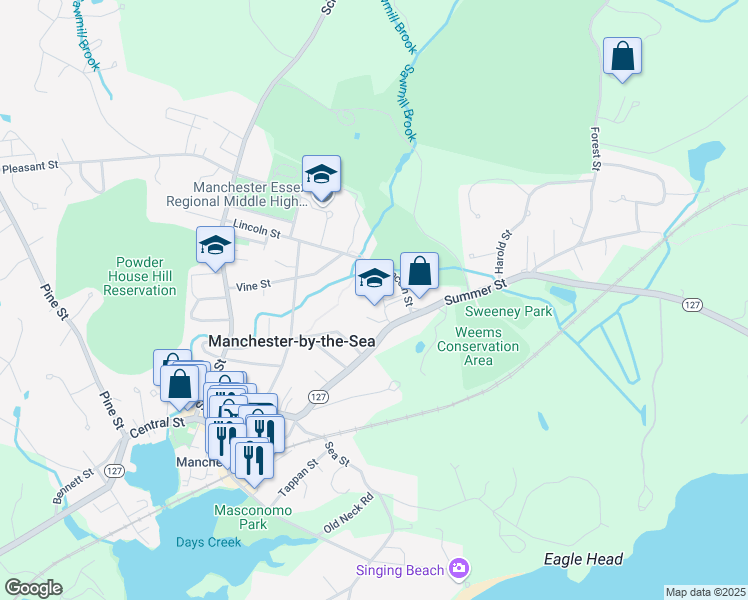 map of restaurants, bars, coffee shops, grocery stores, and more near 43 Lincoln Street in Manchester-by-the-Sea