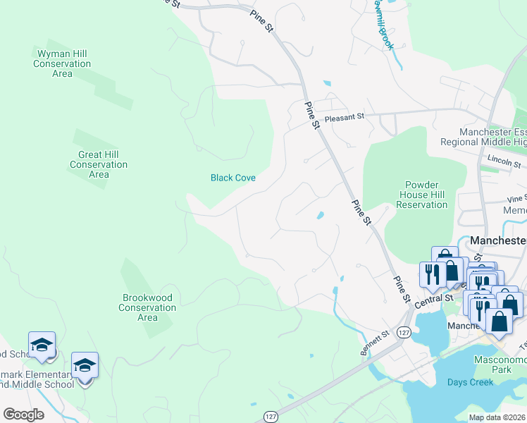 map of restaurants, bars, coffee shops, grocery stores, and more near 15 Woodholm Road in Manchester-by-the-Sea