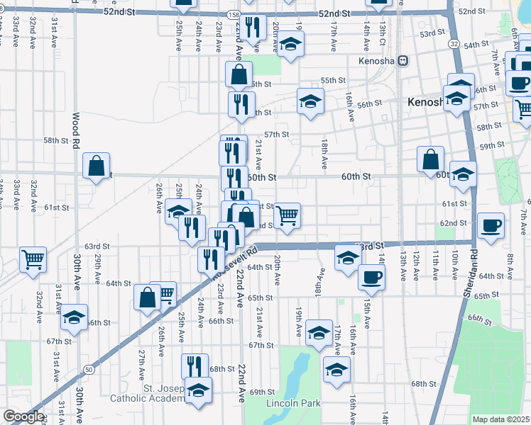 map of restaurants, bars, coffee shops, grocery stores, and more near 2019 61st Street in Kenosha