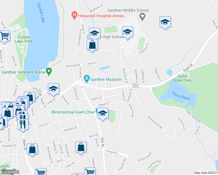 map of restaurants, bars, coffee shops, grocery stores, and more near 132 Pearl Street in Gardner