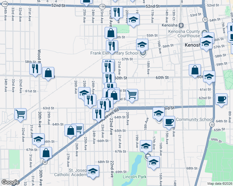map of restaurants, bars, coffee shops, grocery stores, and more near 6110 22nd Avenue in Kenosha