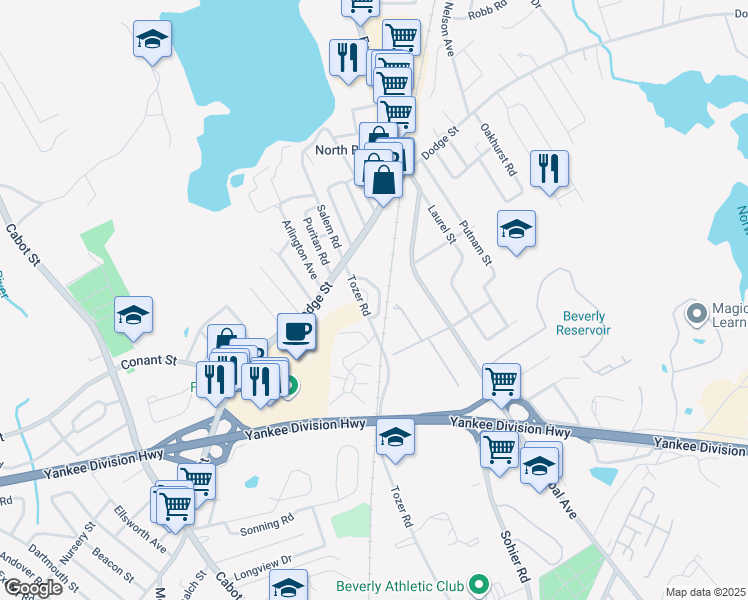 map of restaurants, bars, coffee shops, grocery stores, and more near 6 Tozer Road in Beverly